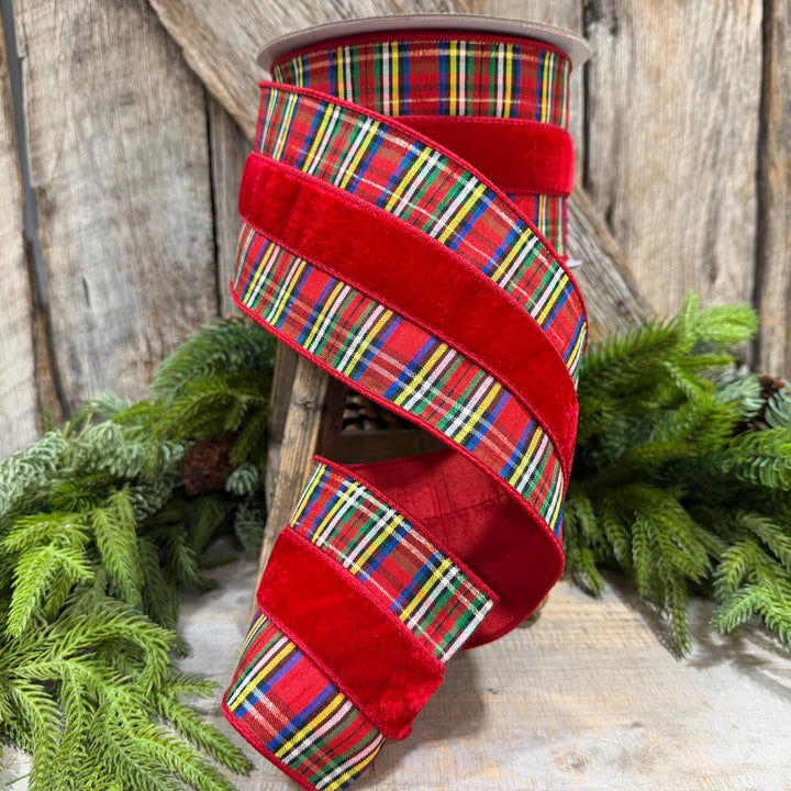 4" Red Velvet Traditional Plaid Ribbon, Farrisilk Christmas