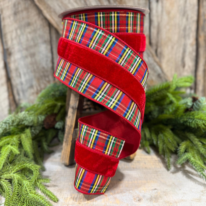 4" Red Velvet Traditional Plaid Ribbon, Farrisilk Christmas