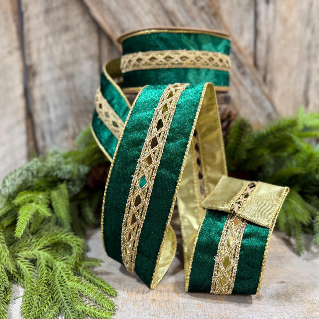 2.5 Inch Emerald Green Velvet Jeweled Wired Ribbon, 10 Yard Roll
