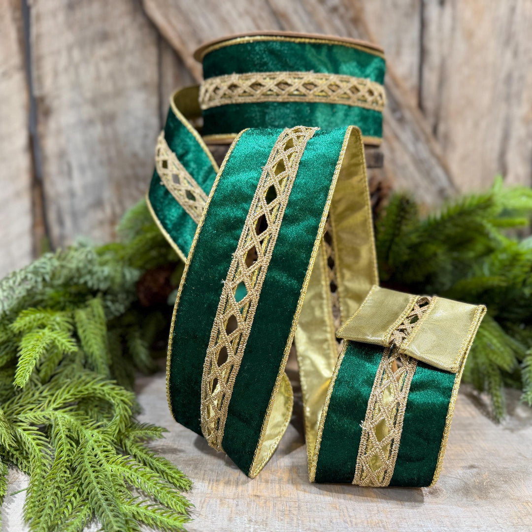 2.5 Inch Emerald Green Velvet Jeweled Wired Ribbon, 10 Yard Roll
