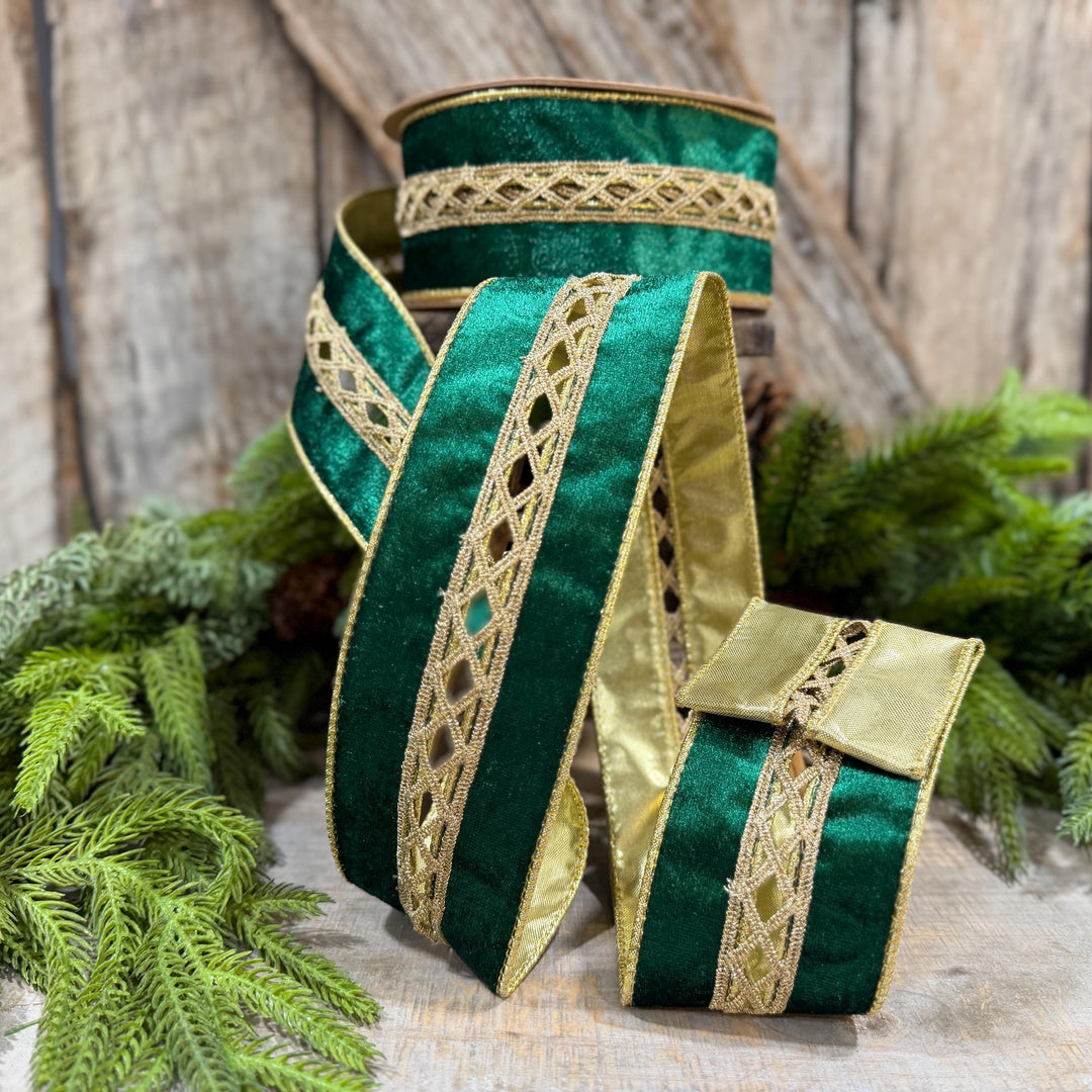2.5 Inch Emerald Green Velvet Jeweled Wired Ribbon, 10 Yard Roll