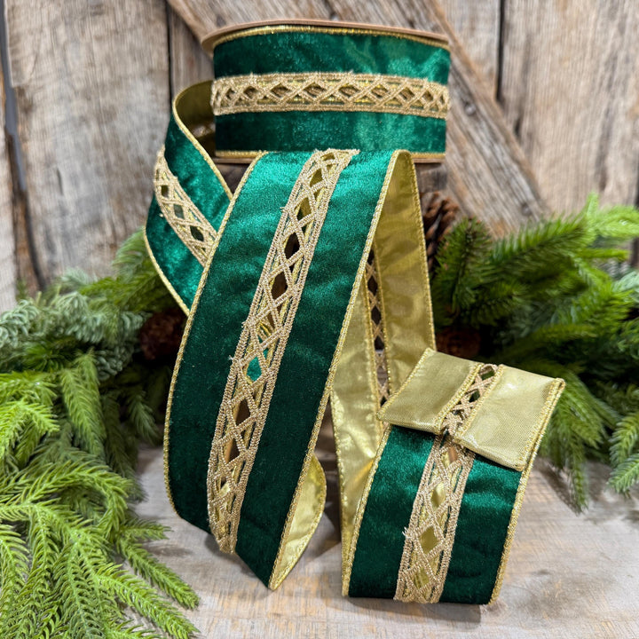 2.5 Inch Emerald Green Velvet Jeweled Wired Ribbon, 10 Yard Roll