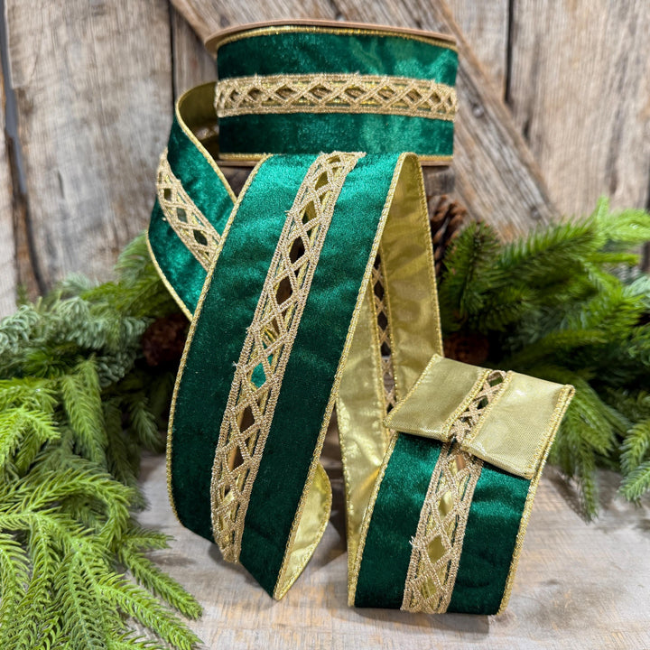 2.5 Inch Emerald Green Velvet Jeweled Wired Ribbon, 10 Yard Roll
