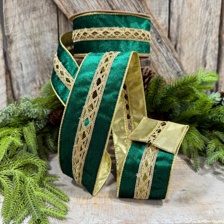 2.5 Inch Emerald Green Velvet Jeweled Wired Ribbon, 10 Yard Roll