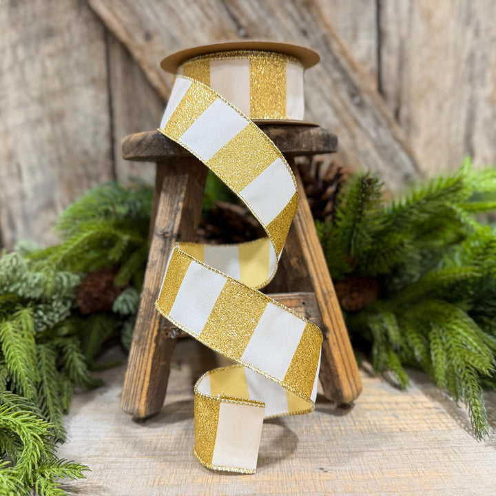1.5 Inch Gold Glitter Stripe Wired Ribbon, White, 10 Yard Roll