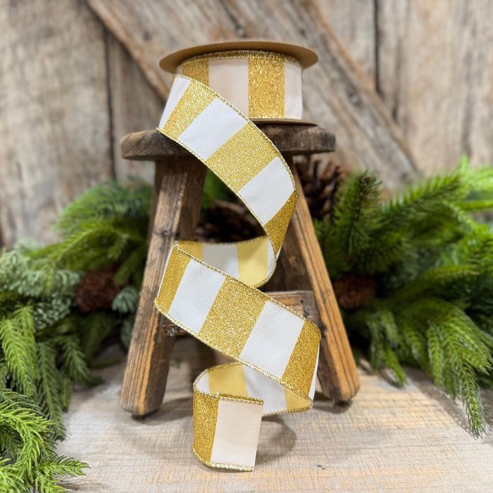1.5 Inch Gold Glitter Stripe Wired Ribbon, White