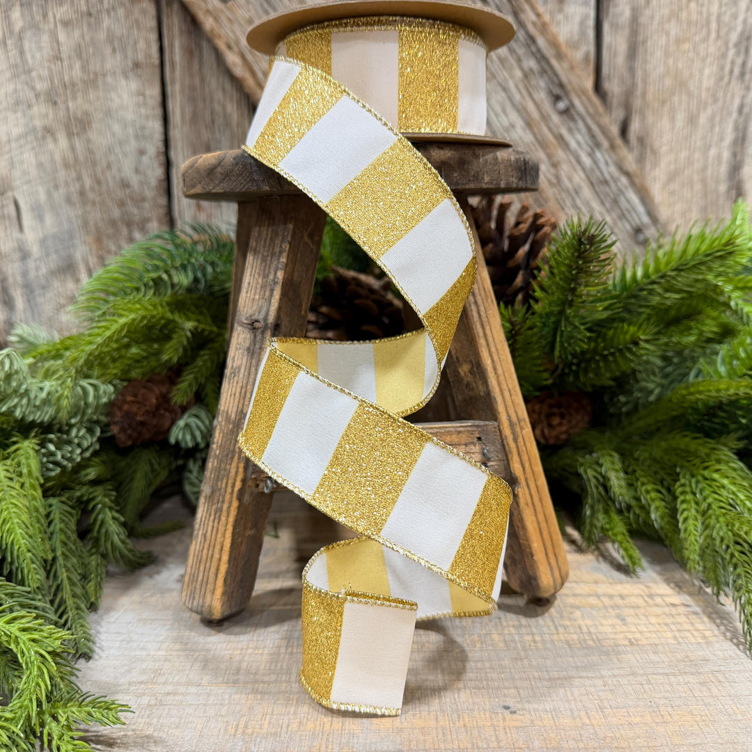 1.5 Inch Gold Glitter Stripe Wired Ribbon, White, 10 Yard Roll
