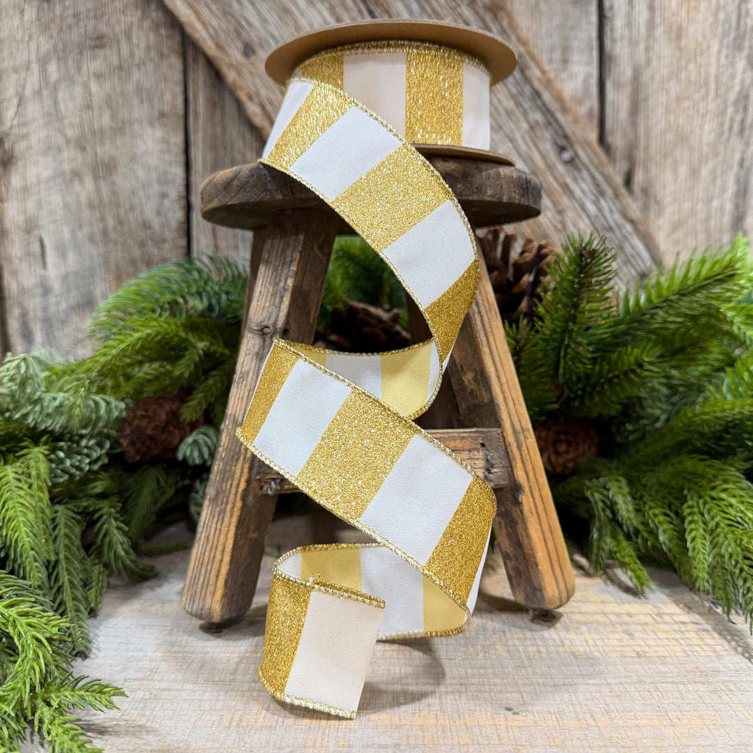 1.5 Inch Gold Glitter Stripe Wired Ribbon, White, 10 Yard Roll