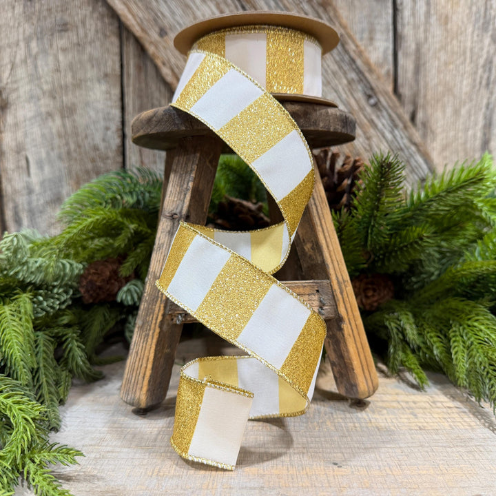 1.5 Inch Gold Glitter Stripe Wired Ribbon, White, 10 Yard Roll