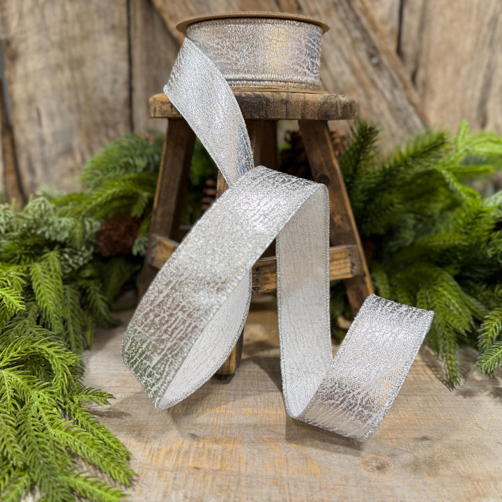 1.5" Silver Faux Leather Wired Ribbon, Metallic