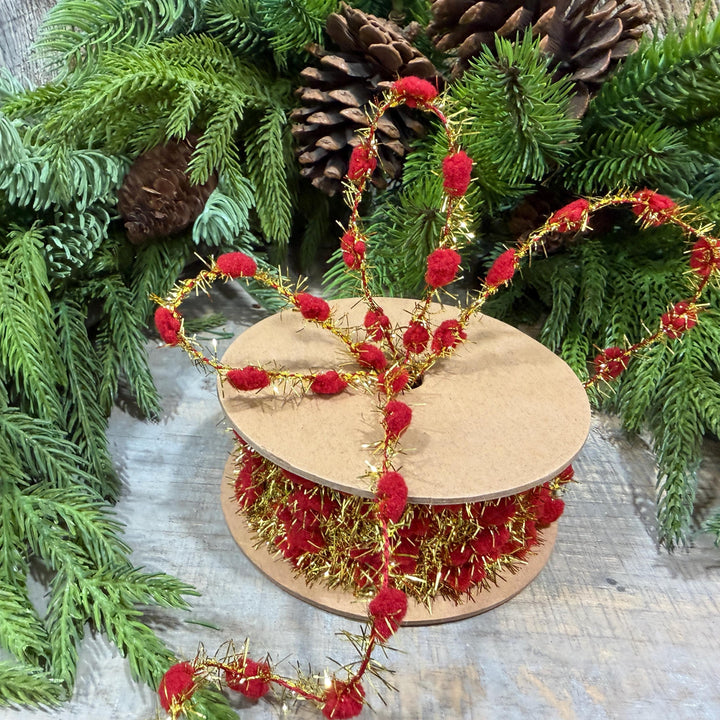 3/8" Red Pom Pom Tinsel Garland, Gold Metallic, 10 Yard Roll