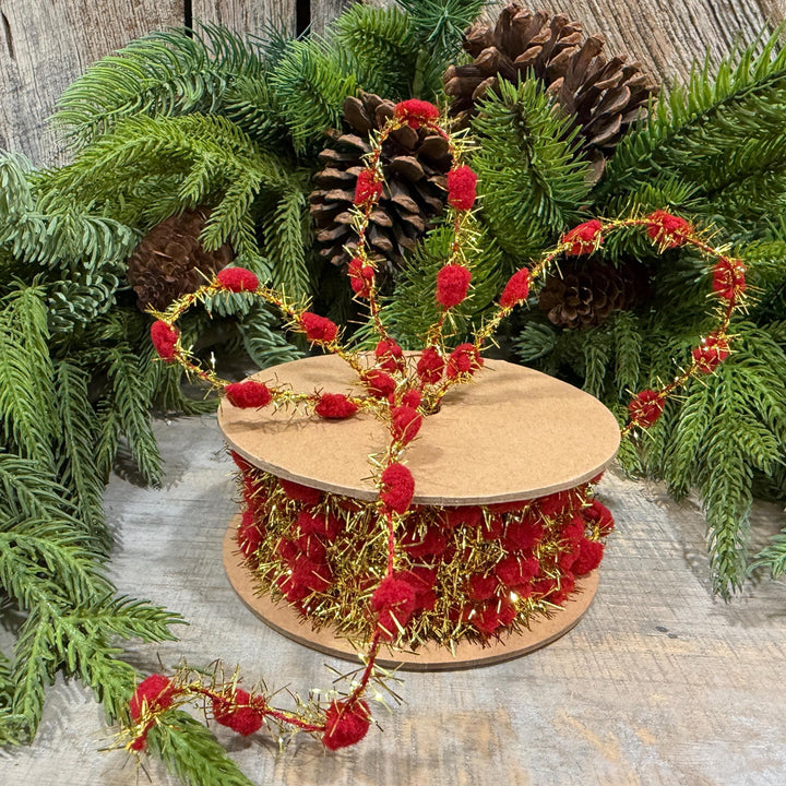 3/8" Red Pom Pom Tinsel Garland, Gold Metallic
