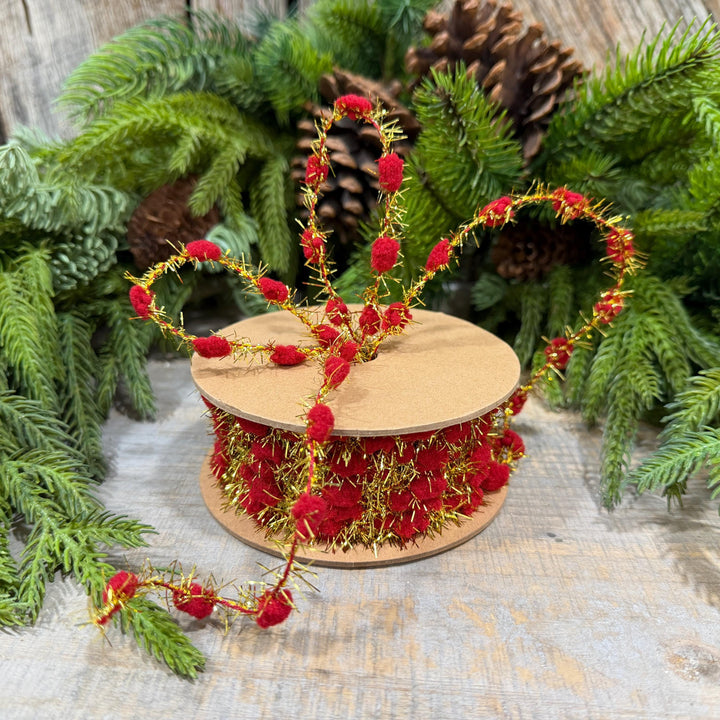 3/8" Red Pom Pom Tinsel Garland, Gold Metallic, 10 Yard Roll