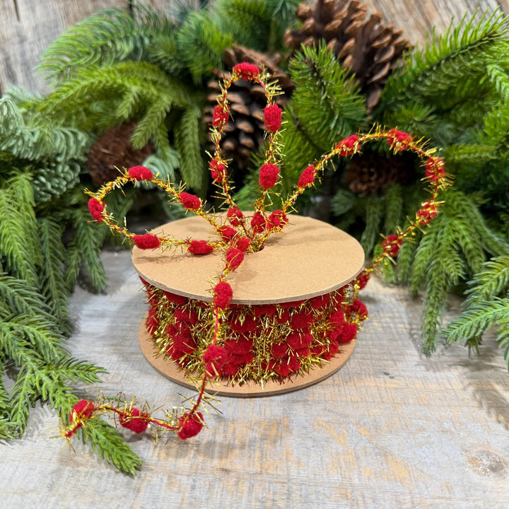 3/8" Red Pom Pom Tinsel Garland, Gold Metallic, 10 Yard Roll