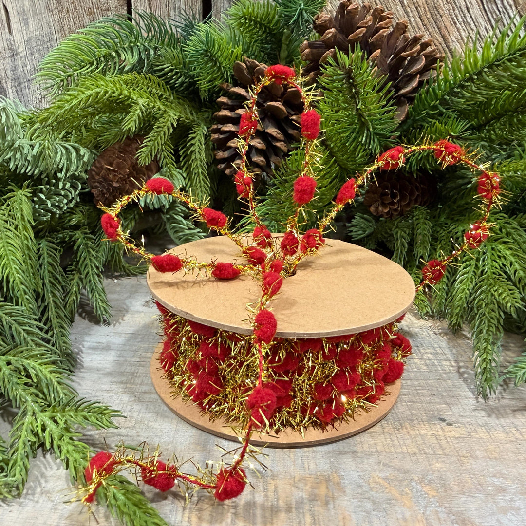 3/8" Red Pom Pom Tinsel Garland, Gold Metallic, 10 Yard Roll