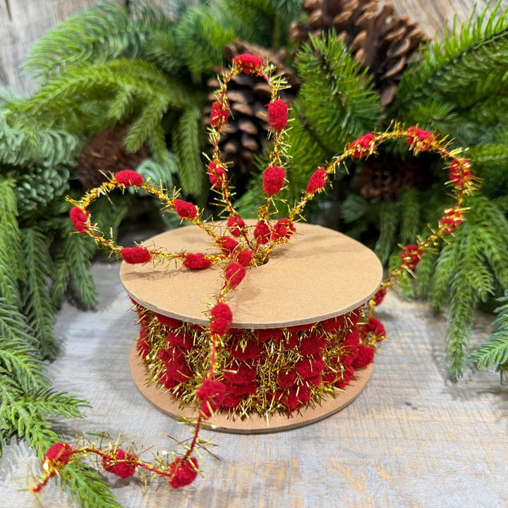3/8" Red Pom Pom Tinsel Garland, Gold Metallic
