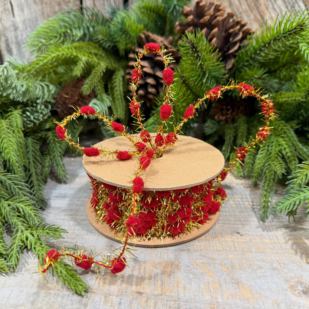 3/8" Red Pom Pom Tinsel Garland, Gold Metallic, 10 Yard Roll