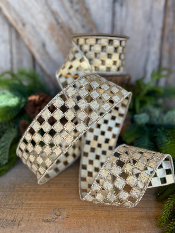 2.5" Silver Gold Checker Lace Ribbon, Farrisilk Ribbon, Christmas Ribbon