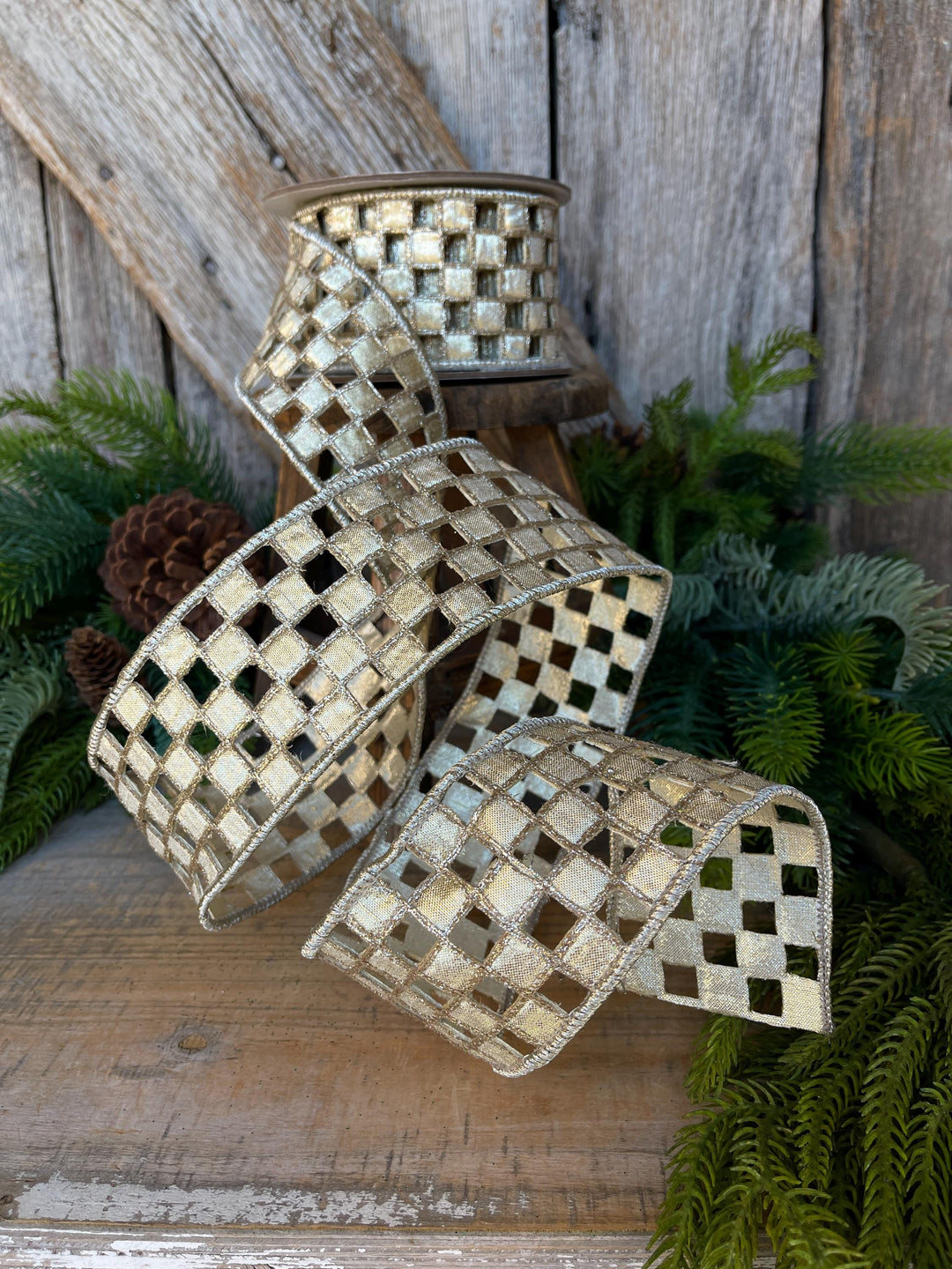 2.5" Silver Gold Checker Lace Ribbon, Farrisilk Ribbon, Christmas Ribbon