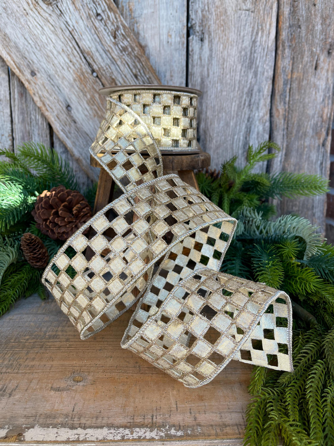 2.5" Silver Gold Checker Lace Ribbon, Farrisilk Ribbon, Christmas Ribbon