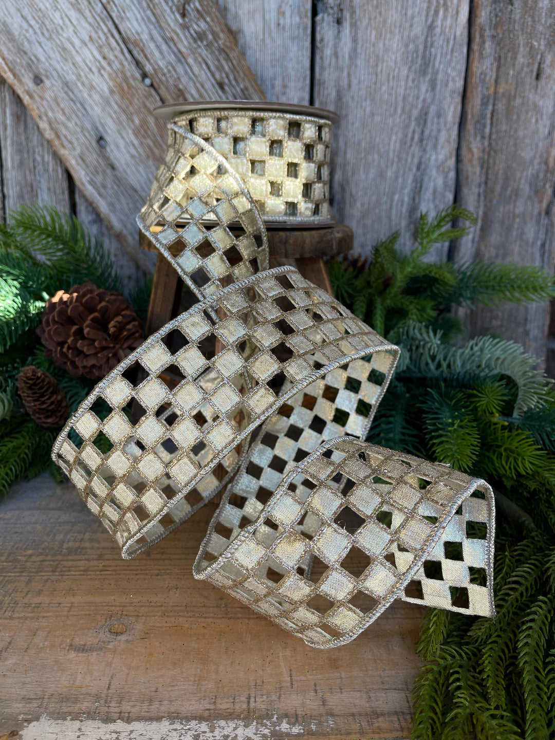 2.5" Silver Gold Checker Lace Ribbon, Farrisilk Ribbon, Christmas Ribbon