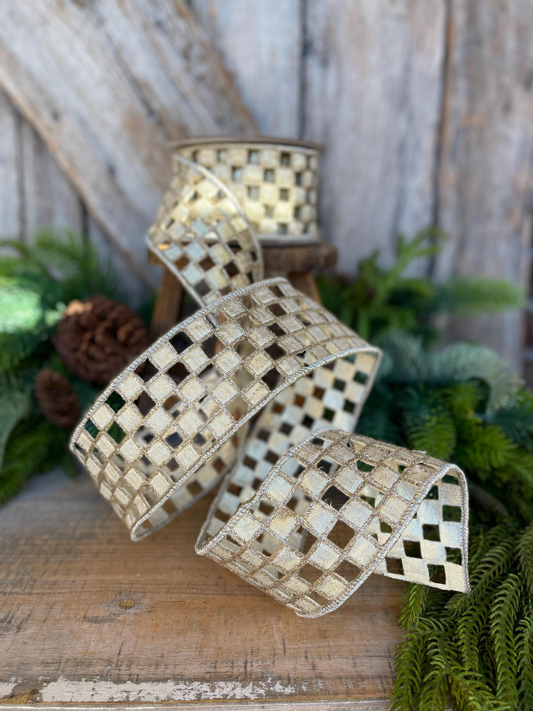 2.5" Silver Gold Checker Lace Ribbon, Farrisilk Ribbon, Christmas Ribbon