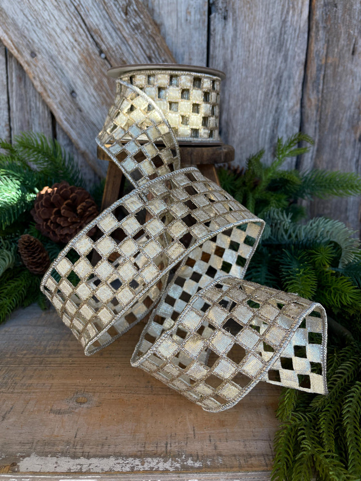 2.5" Silver Gold Checker Lace Ribbon, Farrisilk Ribbon, Christmas Ribbon