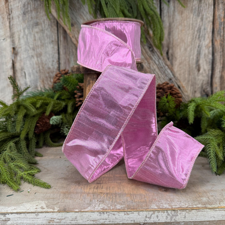 2.5" Pale Pink Wired Metallic Dupioni Ribbon, 10 Yard Roll