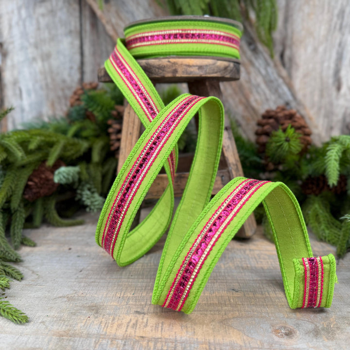 1" Lime Green &amp; Hot Pink Twinkle Trim Wired Ribbon, 10 Yard Roll