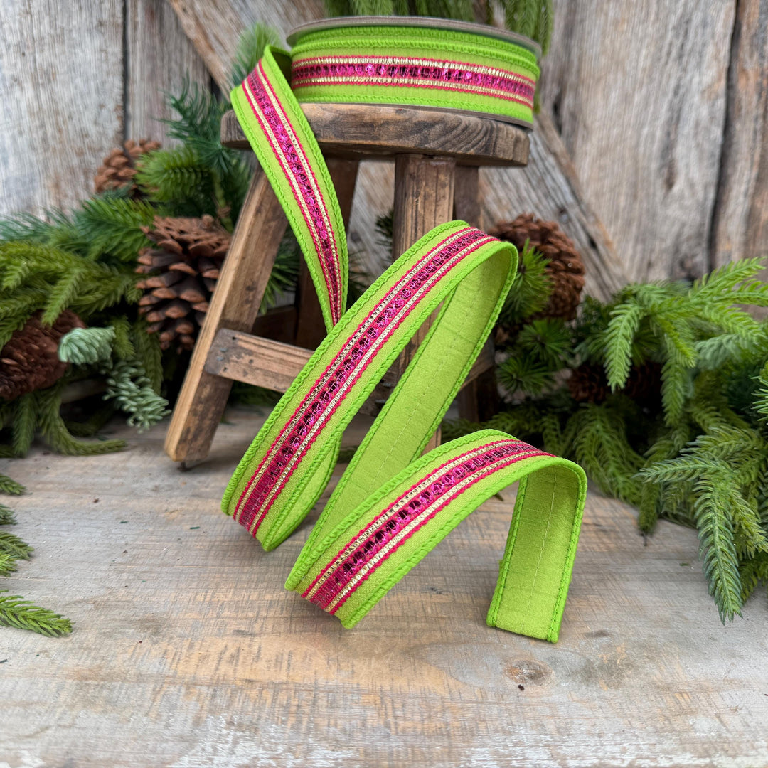 1" Lime Green &amp; Hot Pink Twinkle Trim Wired Ribbon, 10 Yard Roll