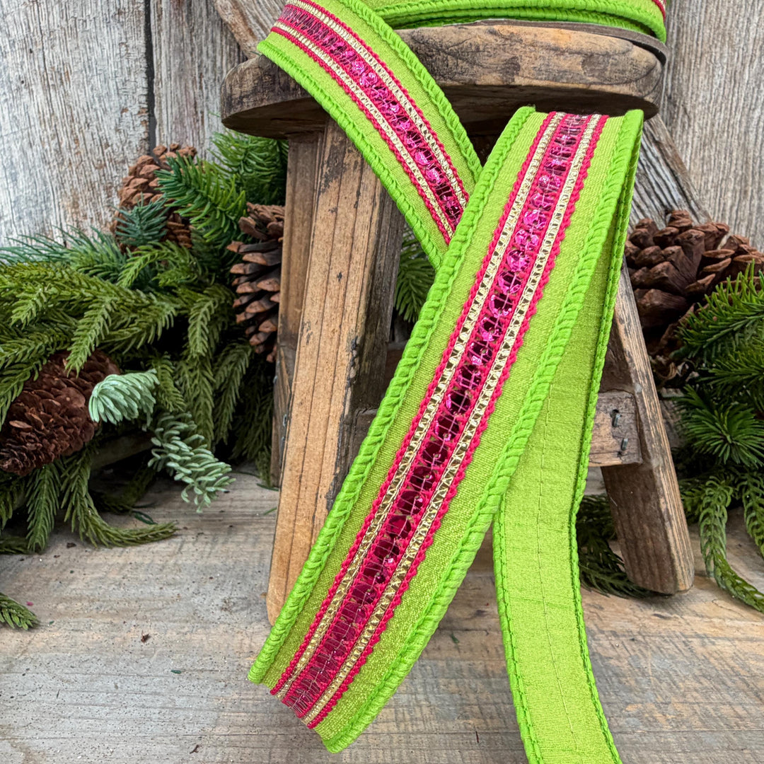 1" Lime Green &amp; Hot Pink Twinkle Trim Wired Ribbon, 10 Yard Roll