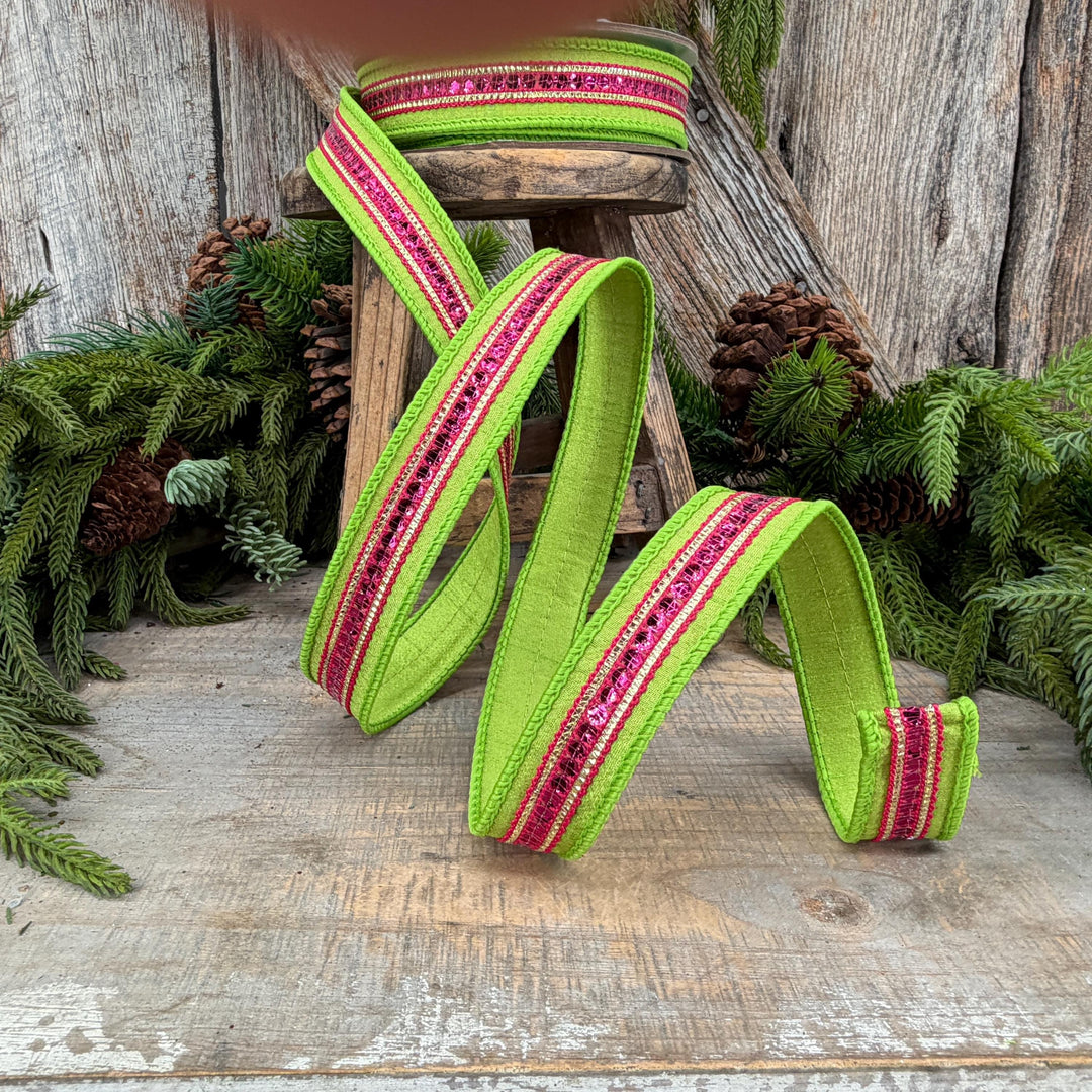 1" Lime Green &amp; Hot Pink Twinkle Trim Wired Ribbon, 10 Yard Roll