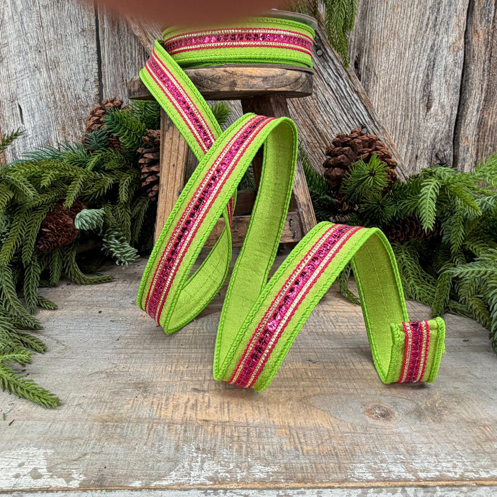1" Lime Green &amp; Hot Pink Twinkle Trim Wired Ribbon, 10 Yard Roll