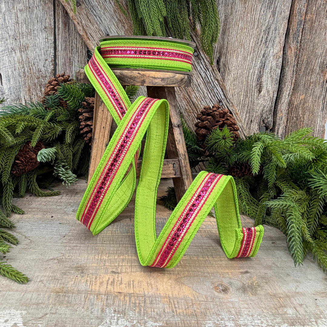 1" Lime Green &amp; Hot Pink Twinkle Trim Wired Ribbon, 10 Yard Roll