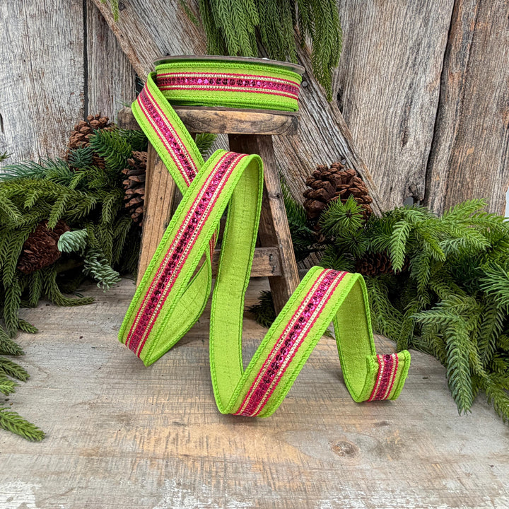 1" Lime Green &amp; Hot Pink Twinkle Trim Wired Ribbon, 10 Yard Roll