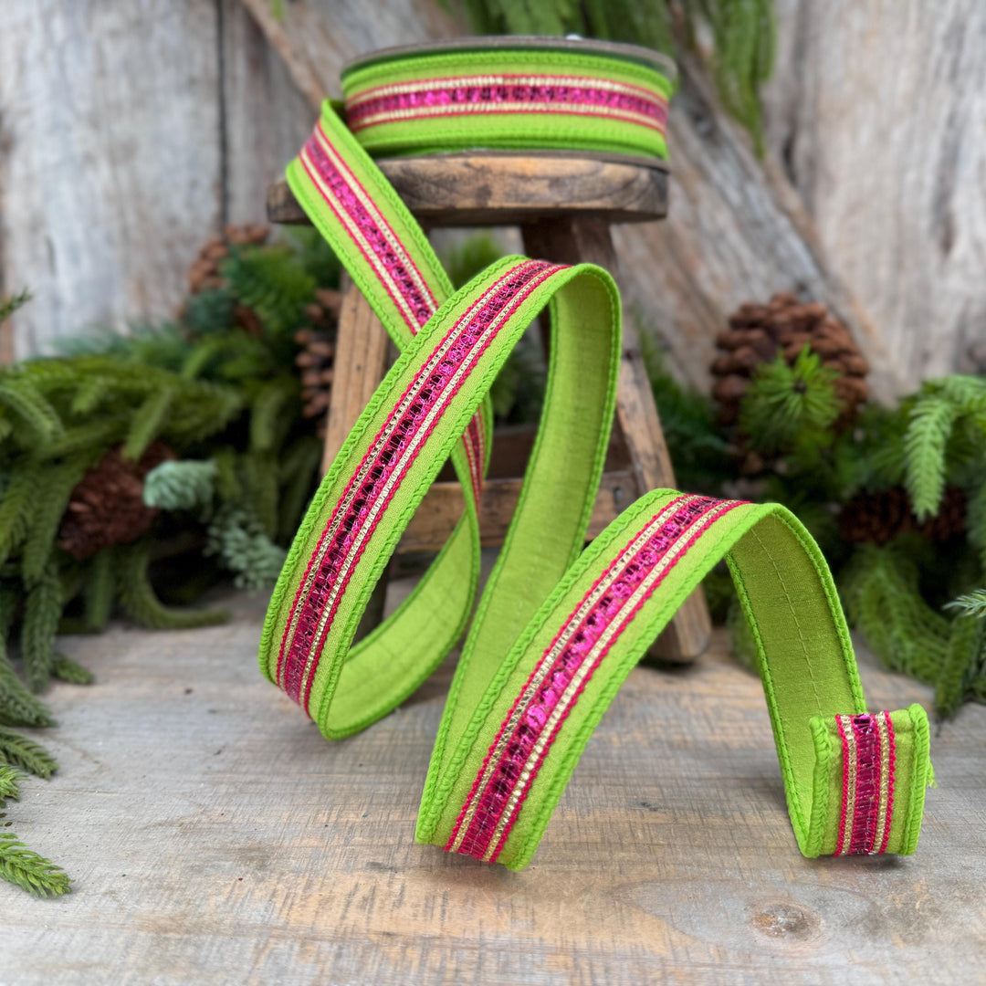 1" Lime Green &amp; Hot Pink Twinkle Trim Wired Ribbon, 10 Yard Roll