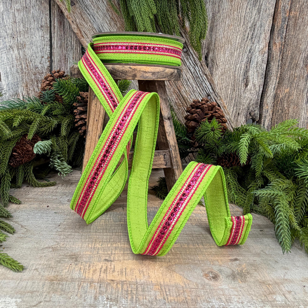 1" Lime Green &amp; Hot Pink Twinkle Trim Wired Ribbon, 10 Yard Roll