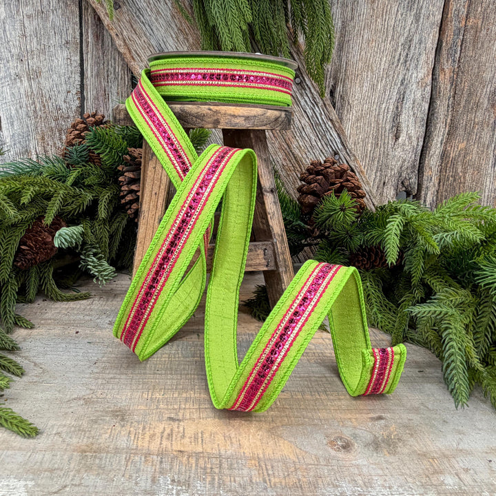 1" Lime Green &amp; Hot Pink Twinkle Trim Wired Ribbon, 10 Yard Roll