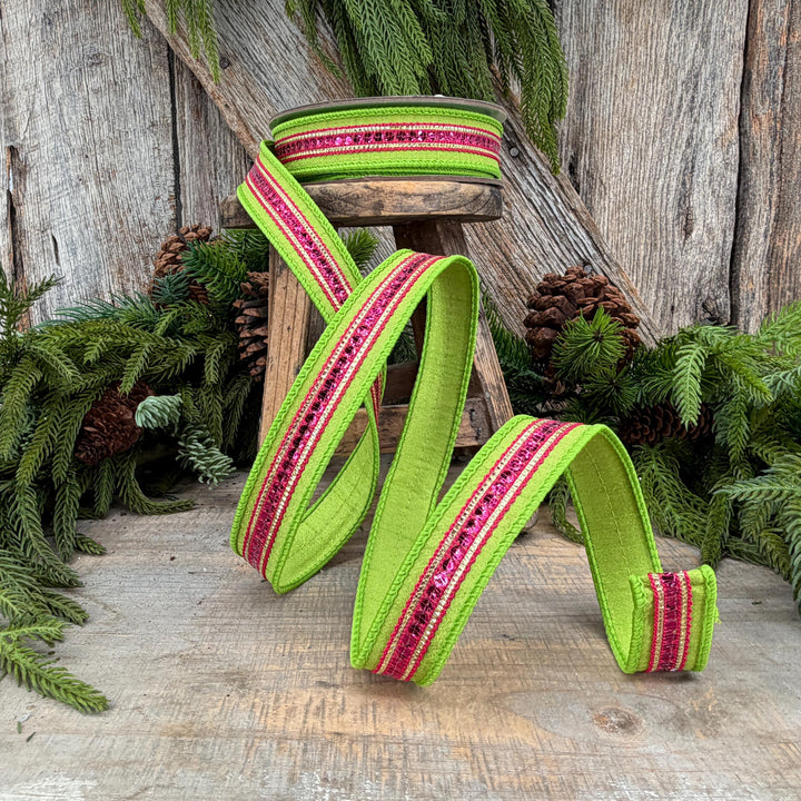 1" Lime Green &amp; Hot Pink Twinkle Trim Wired Ribbon, 10 Yard Roll