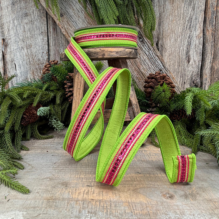 1" Lime Green &amp; Hot Pink Twinkle Trim Wired Ribbon, 10 Yard Roll