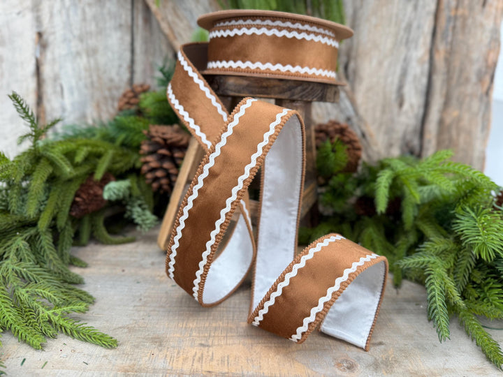 1.5" Gingerbread Brown Velvet Wired Ribbon with White Trim, 10 Yard Roll