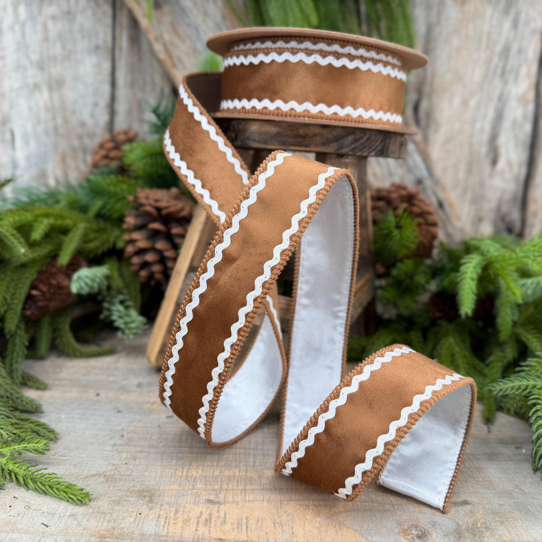 1.5" Gingerbread Brown Velvet Wired Ribbon with White Trim, 10 Yard Roll