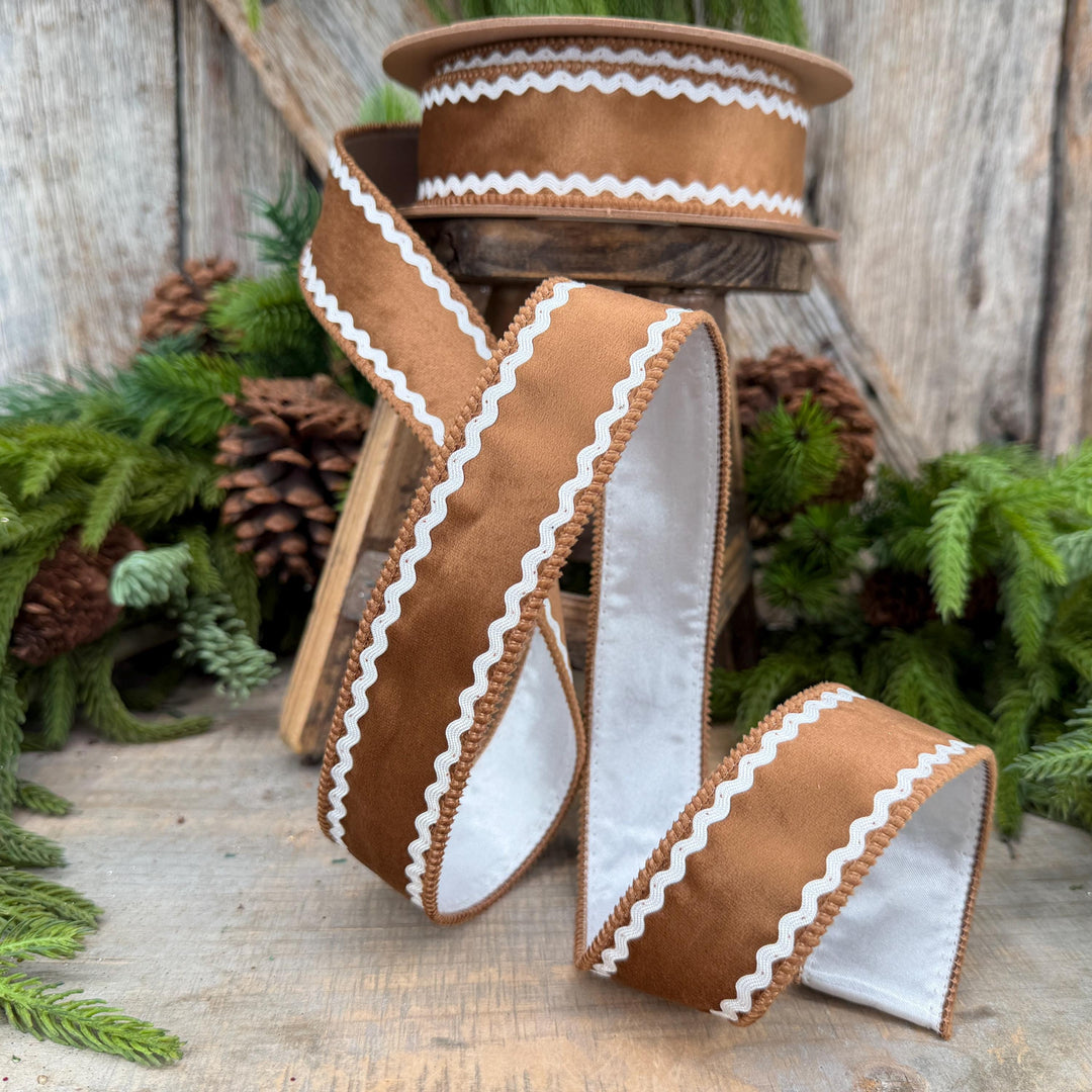 1.5" Gingerbread Brown Velvet Wired Ribbon with White Trim, 10 Yard Roll
