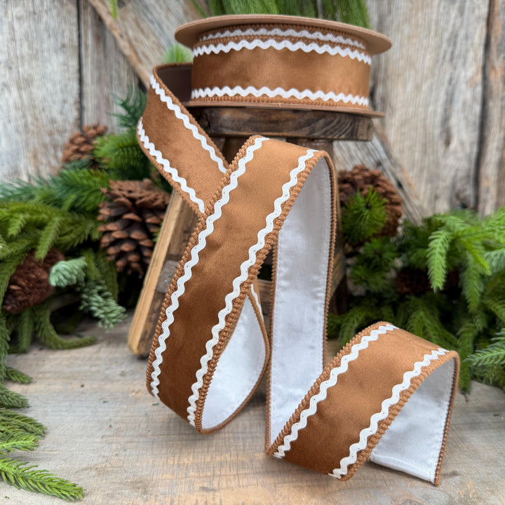 1.5" Gingerbread Brown Velvet Wired Ribbon with White Trim, 10 Yard Roll