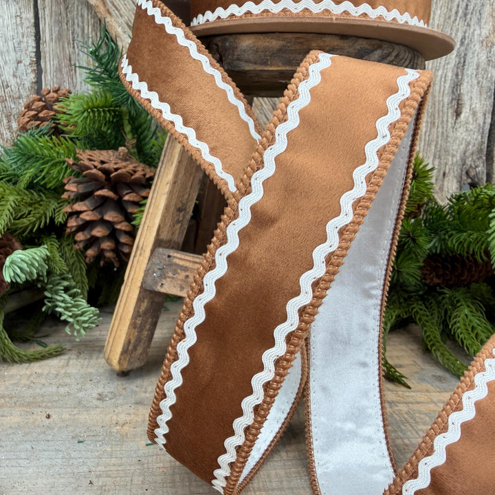 1.5" Gingerbread Brown Velvet Wired Ribbon with White Trim, 10 Yard Roll
