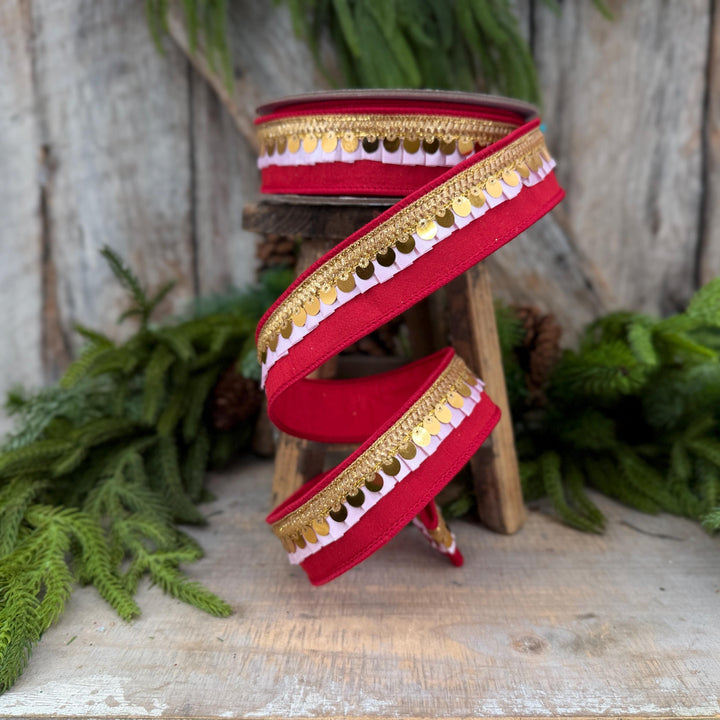 1.5" Red &amp; Light Pink Festive Frills Ribbon with Gold Sequin Trim, 10 Yard Roll