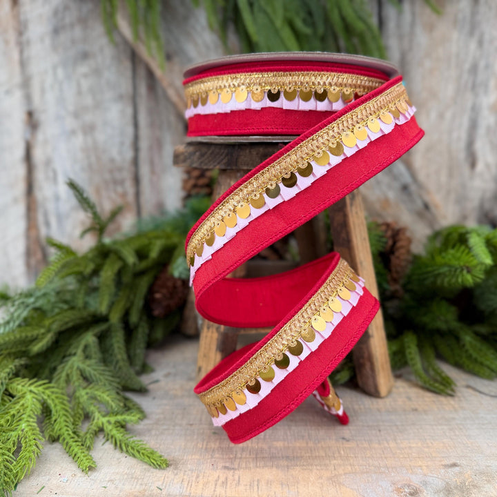 1.5" Red &amp; Light Pink Festive Frills Ribbon with Gold Sequin Trim, 10 Yard Roll
