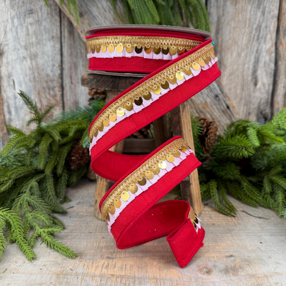 1.5" Red & Light Pink Festive Frills Ribbon with Gold Sequin Trim, 10 Yard Roll