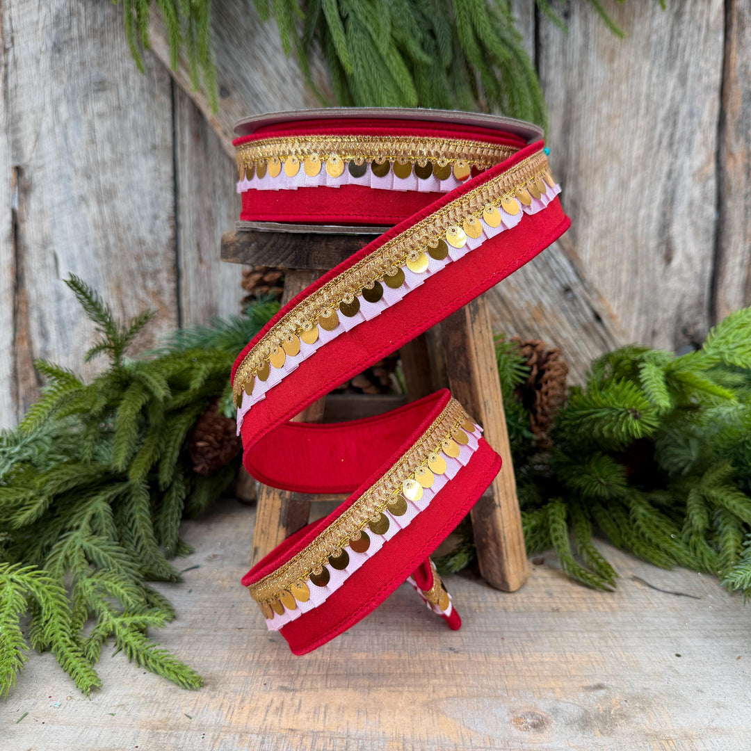 1.5" Red &amp; Light Pink Festive Frills Ribbon with Gold Sequin Trim, 10 Yard Roll