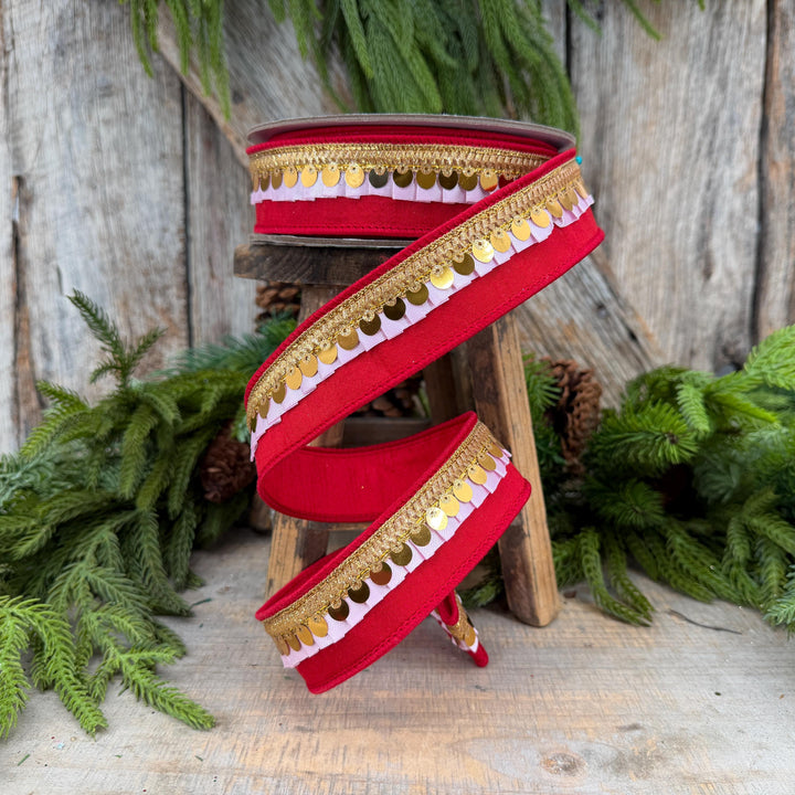 1.5" Red &amp; Light Pink Festive Frills Ribbon with Gold Sequin Trim, 10 Yard Roll